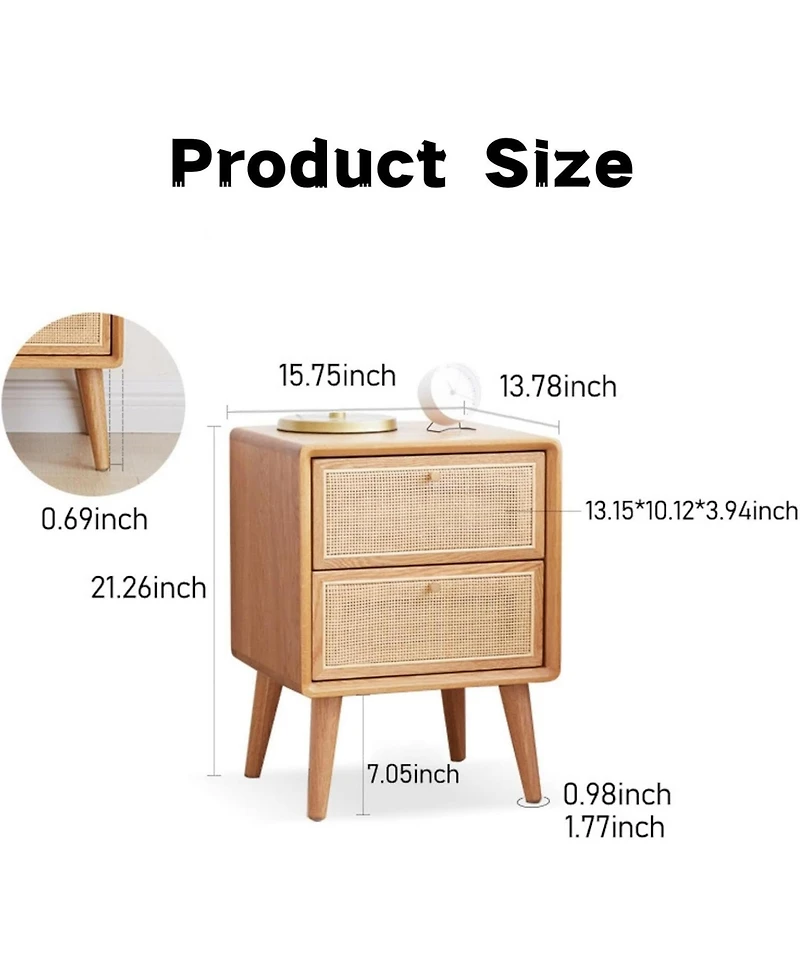 Rainsken Rattan Nightstand, Solid Oak Wood Bedside Table with 2 Drawers Drawers, Small End Table for Small Spaces, Bedroom, Living Room