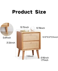 Rainsken Rattan Nightstand, Solid Oak Wood Bedside Table with 2 Drawers Drawers, Small End Table for Small Spaces, Bedroom, Living Room