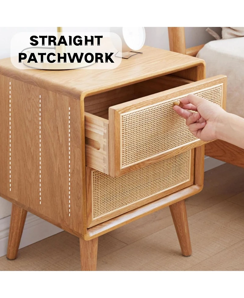 Rainsken Rattan Nightstand, Solid Oak Wood Bedside Table with 2 Drawers Drawers, Small End Table for Small Spaces, Bedroom, Living Room