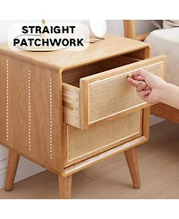 Rainsken Rattan Nightstand, Solid Oak Wood Bedside Table with 2 Drawers Drawers, Small End Table for Small Spaces, Bedroom, Living Room