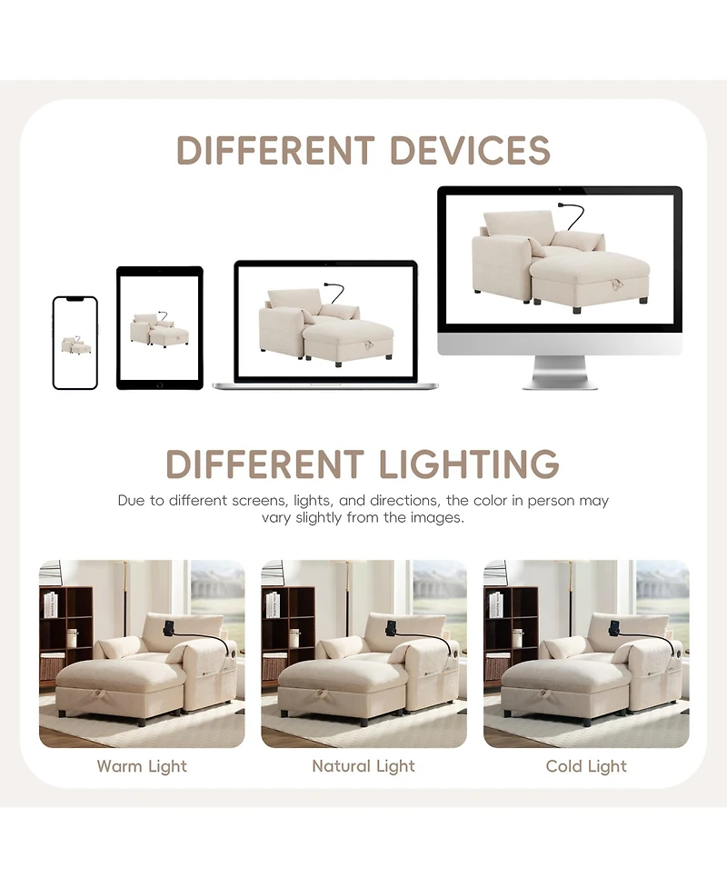 Rainsken 37" Single Sofa with Storage Ottoman, Chenille Armchair - Adjustable Phone Holder, Dual-Port Charger and Side Pockets for Living Room