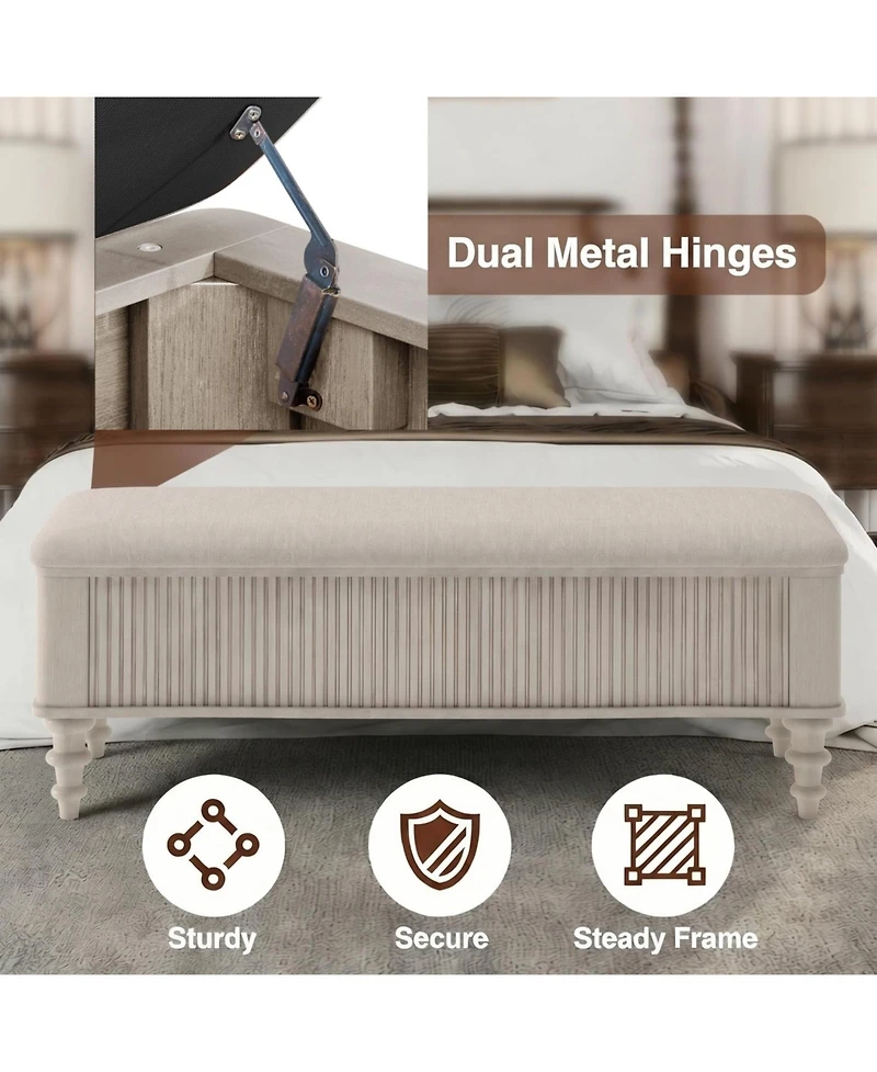 Rainsken Linen Seat Storage Ottoman Bench, Solid Rubberwood Bed End for Bedroom, Living Room, Entryway, Closet