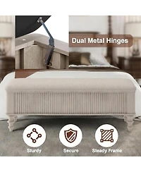 Rainsken Linen Seat Storage Ottoman Bench, Solid Rubberwood Bed End for Bedroom, Living Room, Entryway, Closet