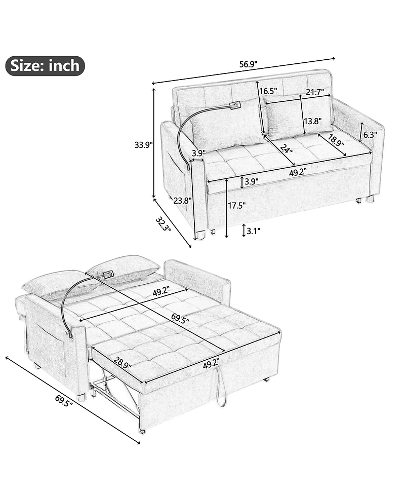 Rainsken 56.9" Loveseat Sofa Couch, Pull-Out Sleeper Sofa Bed with a Reversible Backrest Cushion, 2 Usb Ports and a Phone Holder for Living Room