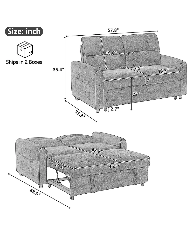 Rainsken Convertible Sofa Bed, Chenille Pull Out Sleeper Couch with Adjustable Backrest, 4 Side Pockets and Charging Ports for Living Room