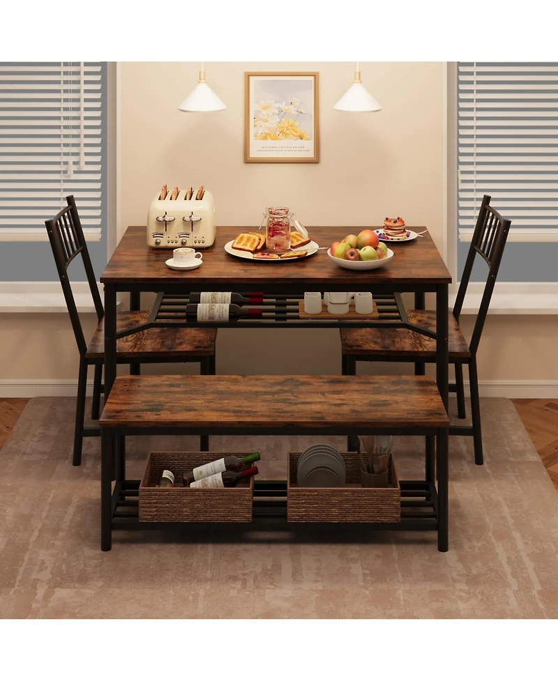 gaomon 4 Piece Dining Table Set, Rectangular Kitchen Set with Upholstered Chair & Storage Benches