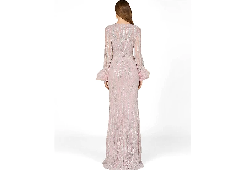 Lara Women's Long Sleeve Sheath Gown with Feathers