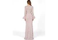 Lara Women's Long Sleeve Sheath Gown with Feathers
