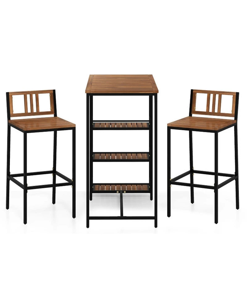 Gouun 3-Piece Outdoor Acacia Wood Patio Bar Set with 3-Tier Storage Shelf and Metal Frame