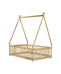 Clihome Full Rubber Wood Tent-shaped Floor Bed,with Guardrails,Slats and Door