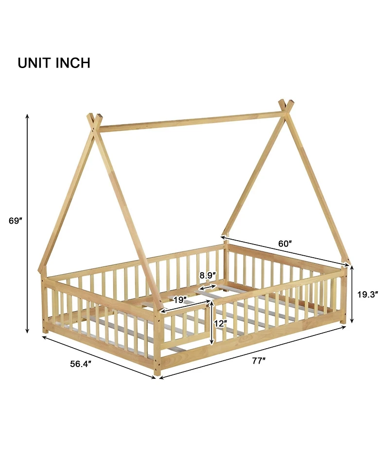 Clihome Full Rubber Wood Tent-shaped Floor Bed,with Guardrails,Slats and Door