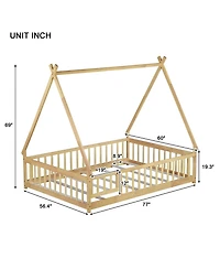 Clihome Full Rubber Wood Tent-shaped Floor Bed,with Guardrails,Slats and Door