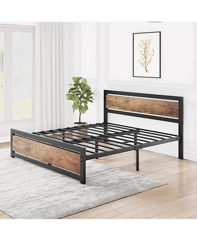 homfan Industrial Platform Bed Frame with Wooden Headboard and Footboard, 13.8 Inch Underbed Space, No Box Spring Needed