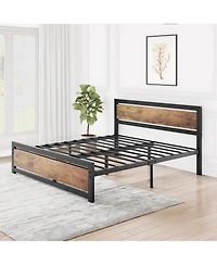 homfan Industrial Platform Bed Frame with Wooden Headboard and Footboard, 13.8 Inch Underbed Space, No Box Spring Needed