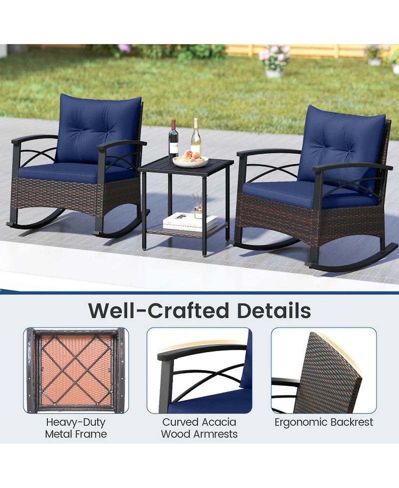 Gouun 3-Piece Pe Rattan Rocking Bistro Set with Acacia Wood Table and Cushions