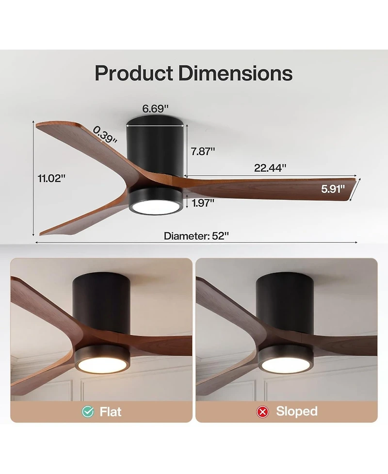 Tribesigns 52 inch Ceiling Fans with Lights, Low Profile Ceiling Fan with Remote Control, 3 Solid Wood Blades, Reversible, 3CCT, Dimmable