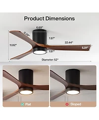 Tribesigns 52 inch Ceiling Fans with Lights, Low Profile Ceiling Fan with Remote Control, 3 Solid Wood Blades, Reversible, 3CCT, Dimmable