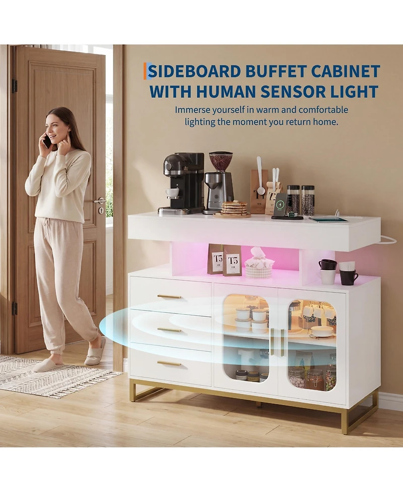 homfan Modern Led Sideboard Cabinet with Rgb Lighting, Charging Station, 3 Drawers, 2 Doors, And Spacious Storage for Dining or Living Areas.