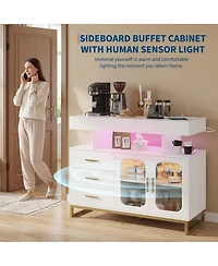 homfan Modern Led Sideboard Cabinet with Rgb Lighting, Charging Station, 3 Drawers, 2 Doors, And Spacious Storage for Dining or Living Areas.