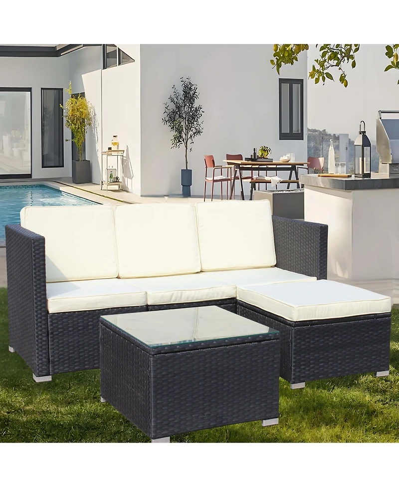 Clihome 5 Piece Pe Rattan Patio Furniture Set, Outdoor Wicker Sectional Sofa with Cushion, Tempered Glass Coffee Table and Ottoman