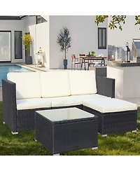 Clihome 5 Piece Pe Rattan Patio Furniture Set, Outdoor Wicker Sectional Sofa with Cushion, Tempered Glass Coffee Table and Ottoman