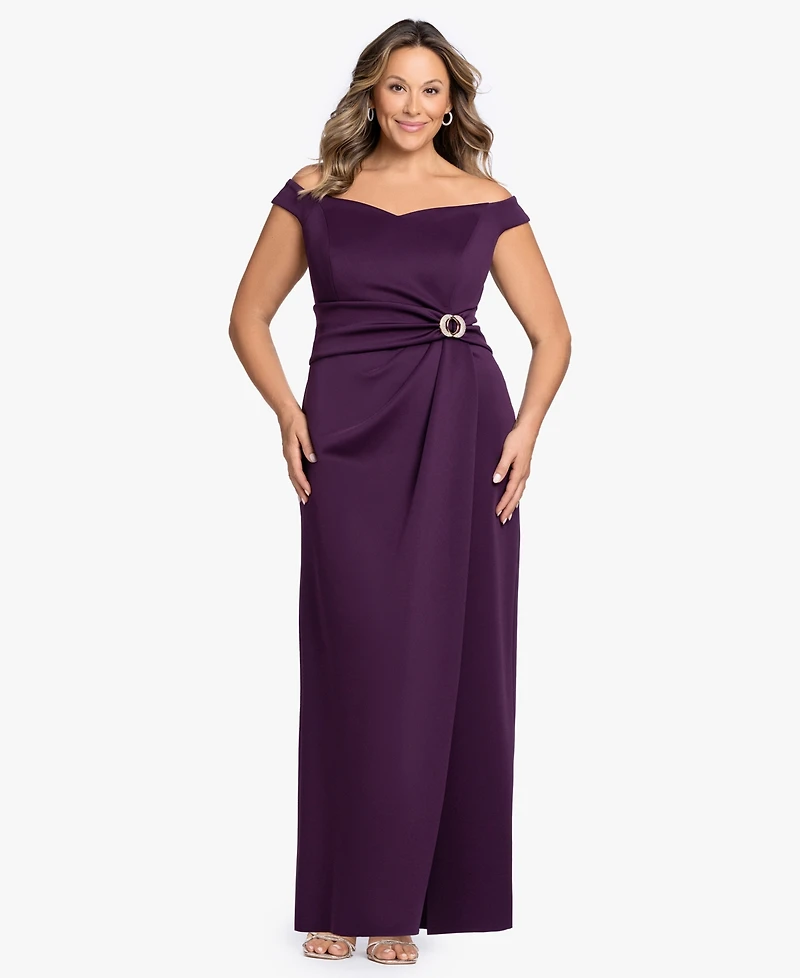 Betsy & Adam Plus Asymmetrical Off-The-Shoulder Gown Dress