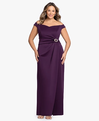 Betsy & Adam Plus Asymmetrical Off-The-Shoulder Gown Dress