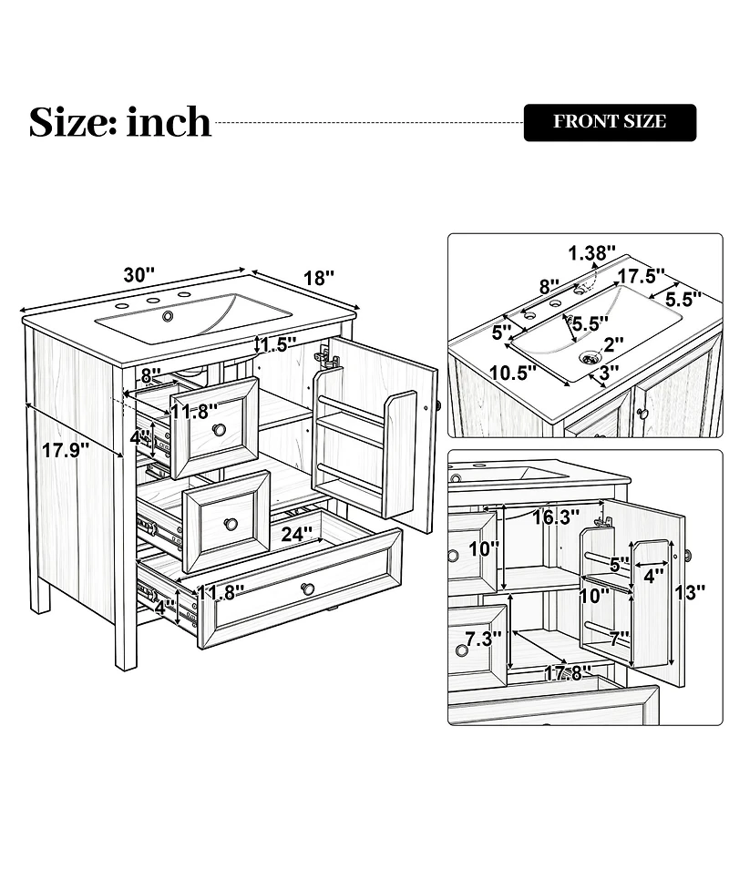 Busdays 30 Inch Wood Grain Bathroom Vanity with Ceramic Sink Solid Wood Legs Adjustable Shelf Full Soft Close Drawers Door Storage Rack