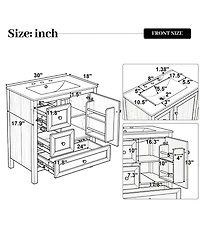 Busdays 30 Inch Wood Grain Bathroom Vanity with Ceramic Sink Solid Wood Legs Adjustable Shelf Full Soft Close Drawers Door Storage Rack