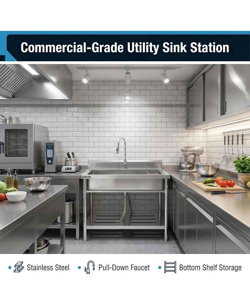 Gaomon Freestanding Stainless Steel Utility Sink Single Bowl Sink with Hot and Cold Pull-Out Faucet Storage Shelf Adjustable Legs