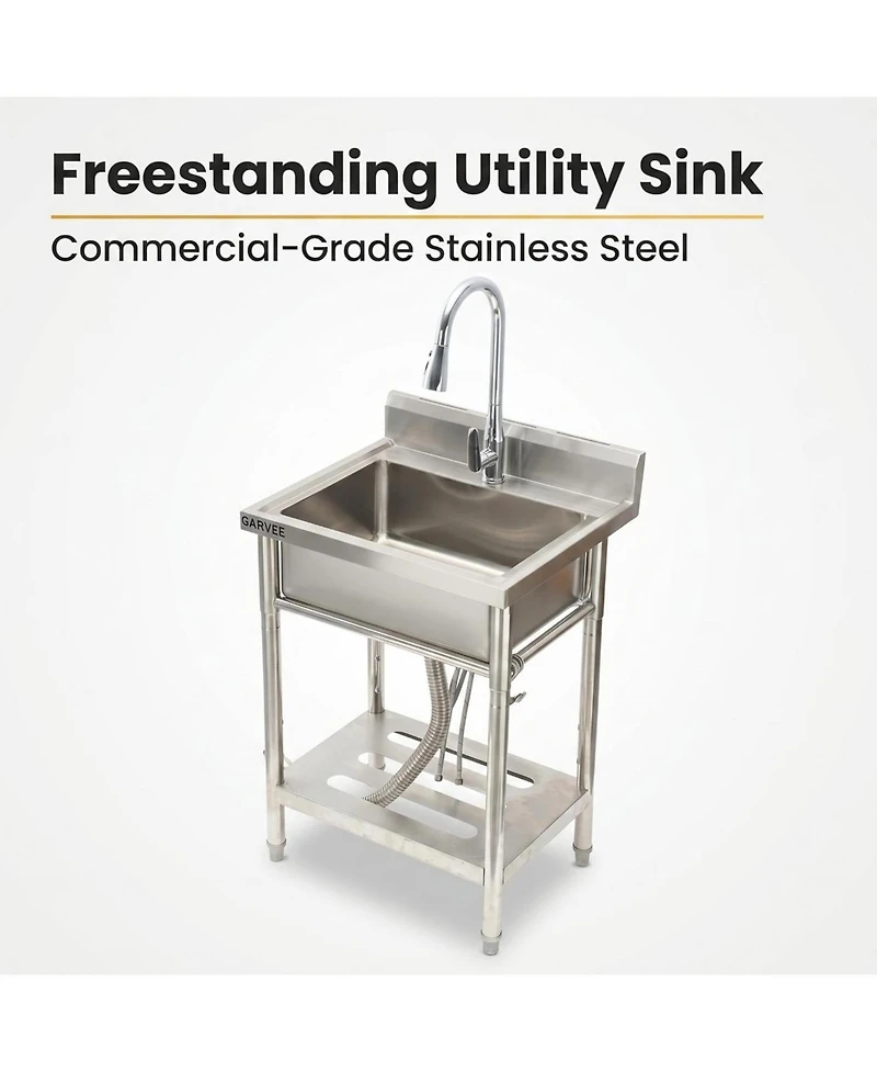 Gaomon Freestanding Stainless Steel Utility Sink Single Bowl Laundry Sink with Pull-Out Faucet Storage Shelf and Backsplash