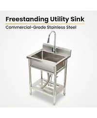 Gaomon Freestanding Stainless Steel Utility Sink Single Bowl Laundry Sink with Pull-Out Faucet Storage Shelf and Backsplash