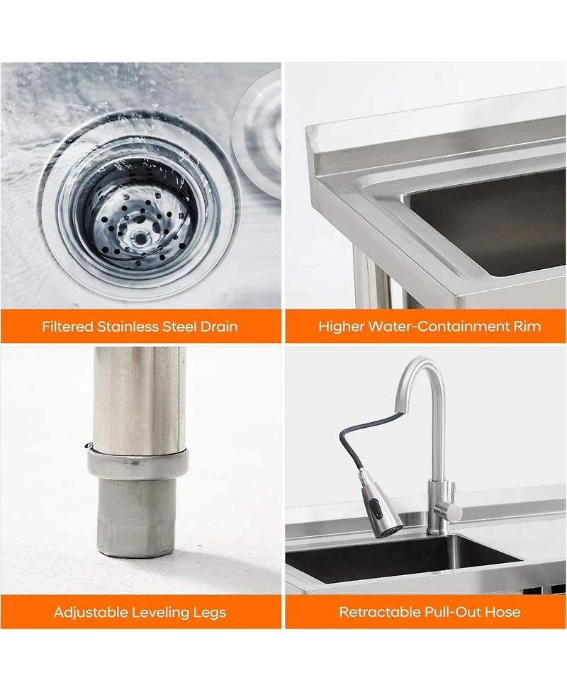Gaomon Freestanding Stainless Steel Utility Sink Single Bowl with Hot and Cold Faucet Drawer Storage Shelf and Workbench