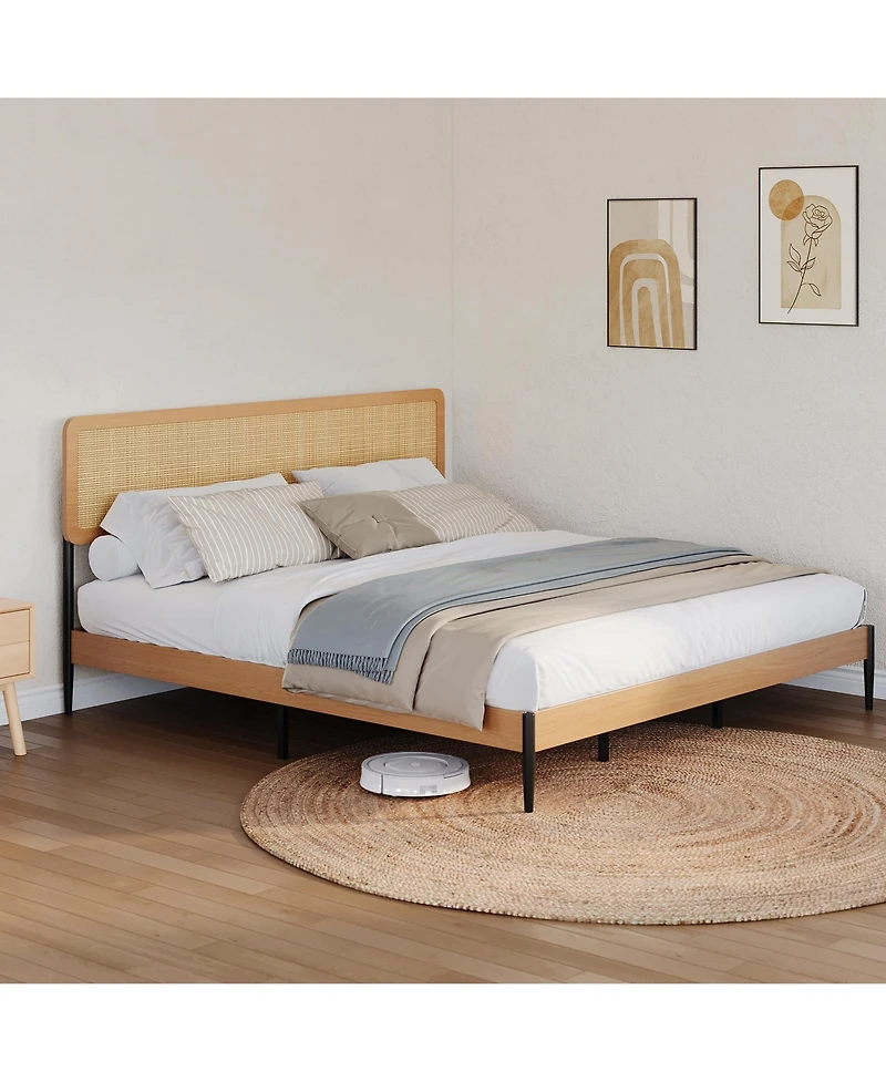 gaomon King Rattan Platform Bed – Headboard, Wood Slats, Under Bed Storage, Noise-Free, No Box Spring Needed