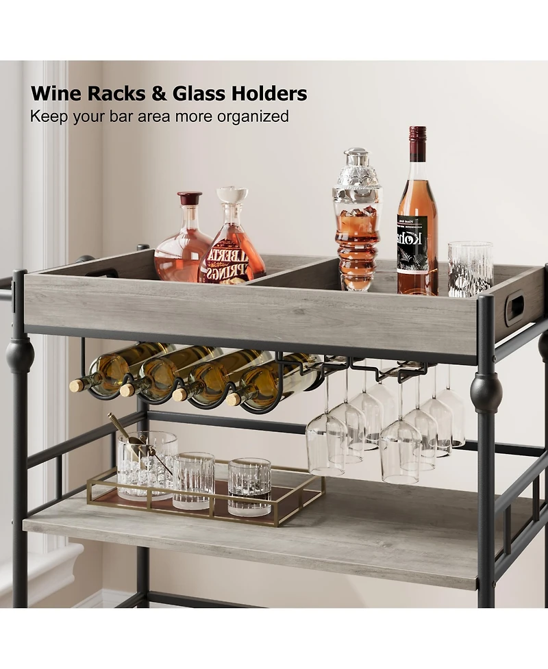 homfan 3-Tier Bar Cart with Wheels, Rolling Beverage Cart with Wine Rack and Removable Tray