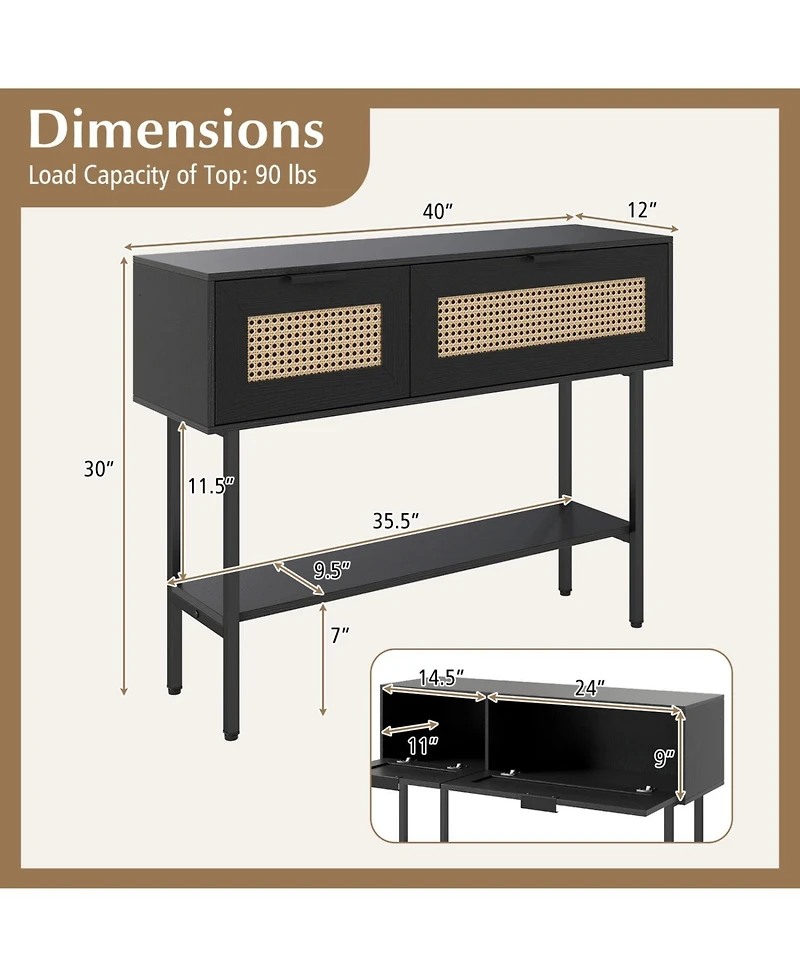 Slickblue Stylish Rattan Console Table with Storage Cabinets and Steel Frame Shelf