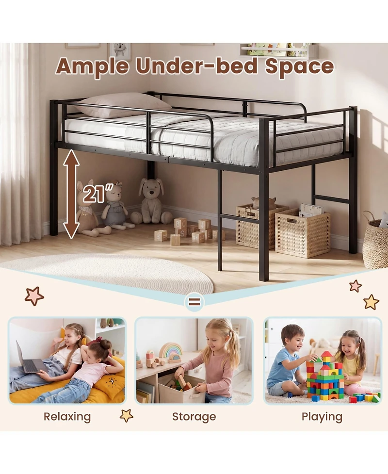 Slickblue Twin Low Loft Bed with Guardrails and 2 Ladders, Space-Saving Design