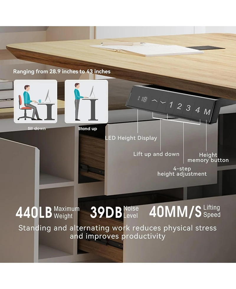 Logicfox 86" Electric Adjustable Height L Shaped Standing Executive Desk with Drawers and Shelves