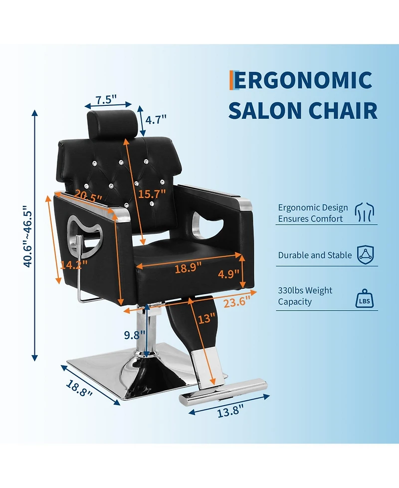 homfan Salon Styling Chair with Hydraulic Lift, 360 Swivel, Reclining Backrest, Adjustable Headrest, Metal Base, 330 lb Capacity