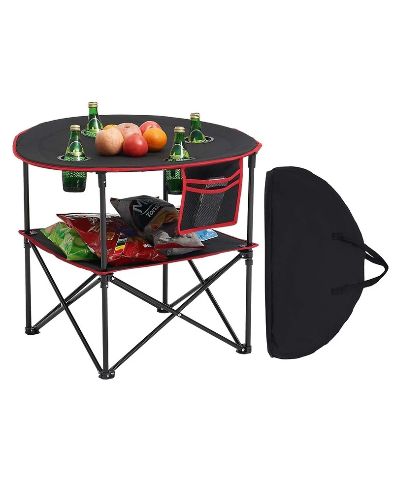 Sugift Folding Camping Table Portable Oxford Round Picnic Table 4 Cup Holders