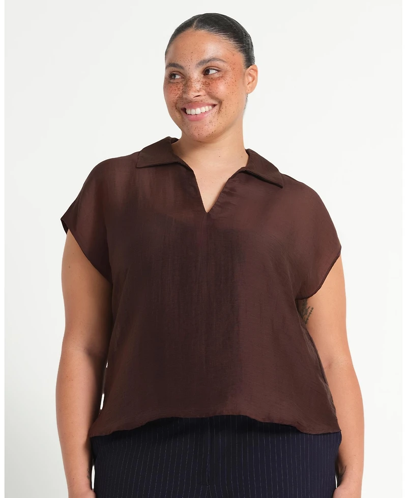 Estelle Women's Kelly Sheer Collared V-Neck Short Sleeve Top
