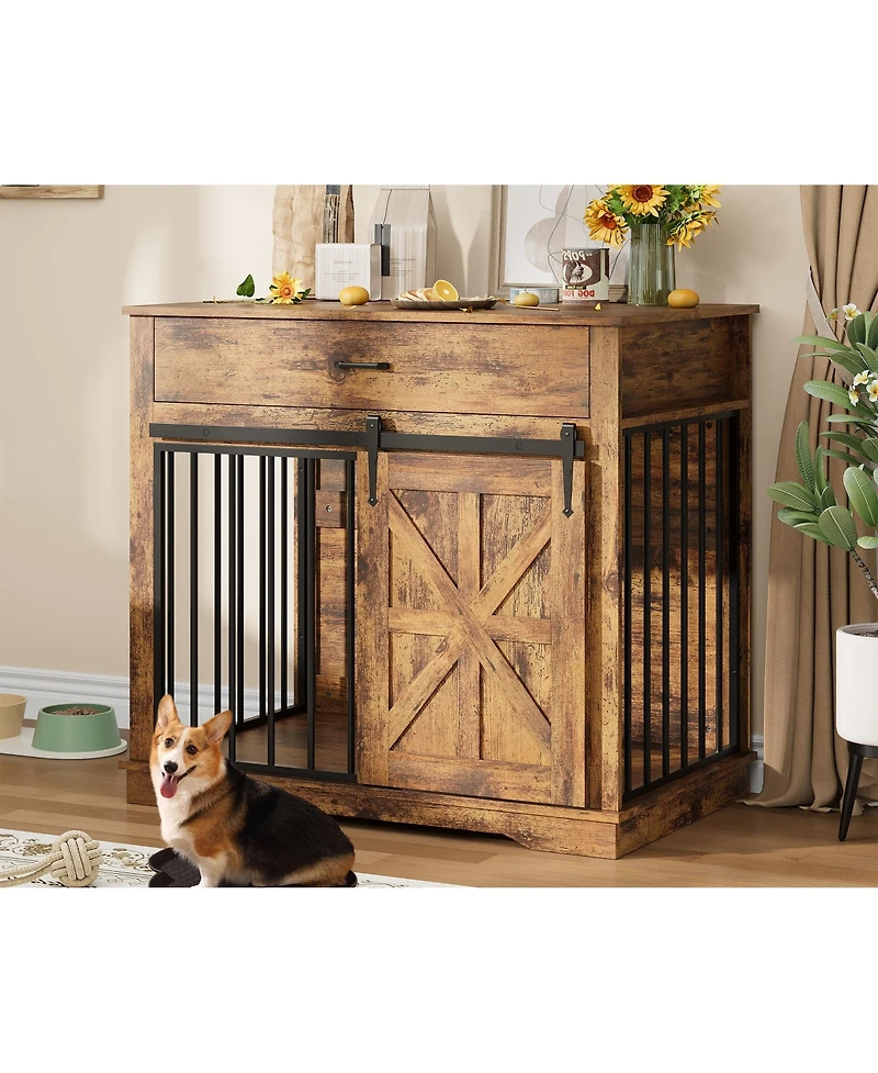 gaomon Dog Crate Furniture with 2 Storage Drawers, 4 Deep Shelves, Farmhouse Extra Large Wooden Dogs Cage End Table