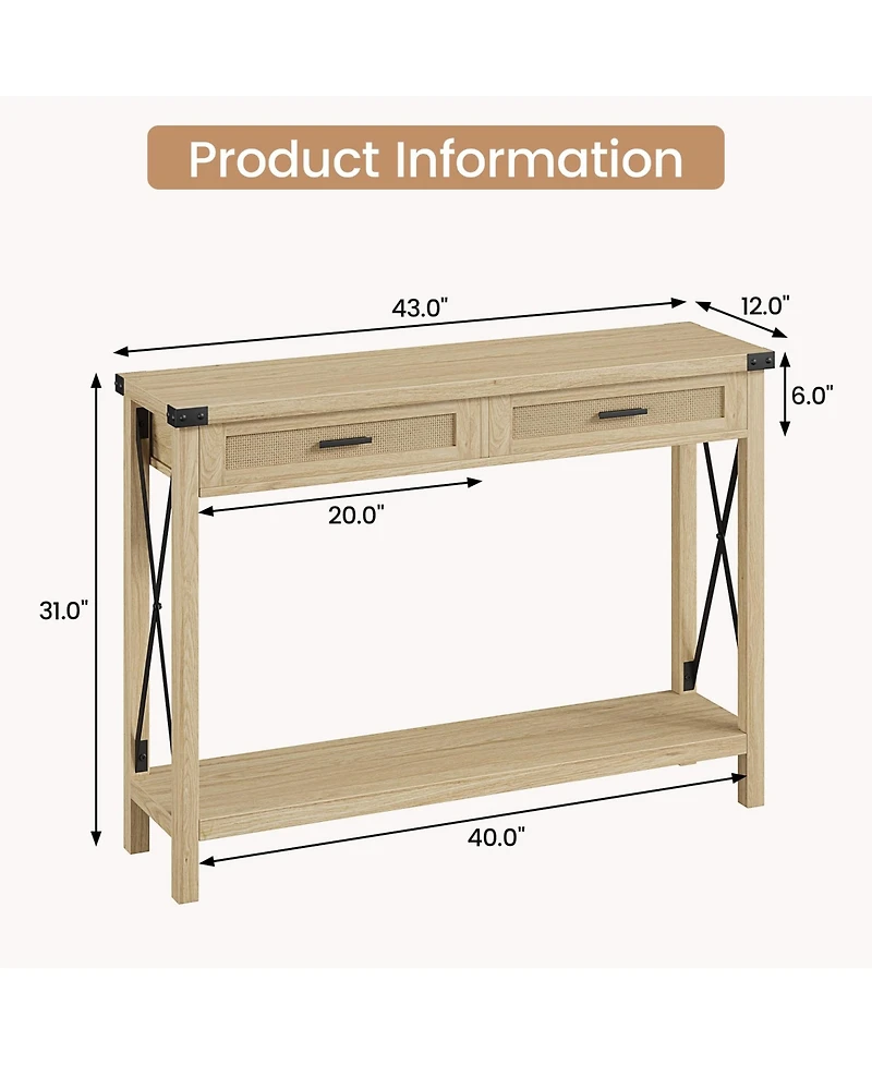 homfan Entryway Console Table with Rattan Drawers and Storage Shelf