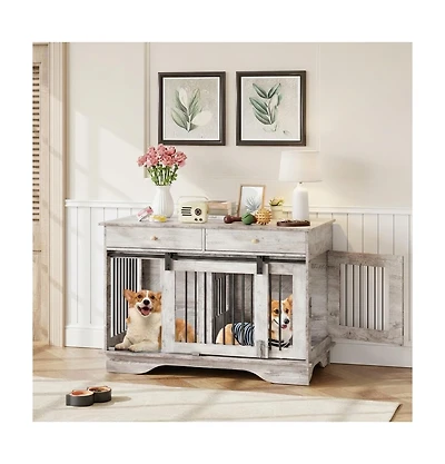 gaomon Dog Crate Furniture with 2 Drawers, Wooden End Table Indoor Dog House with Divider for Large Medium Small Dogs, Multi-Functional Tv Stand