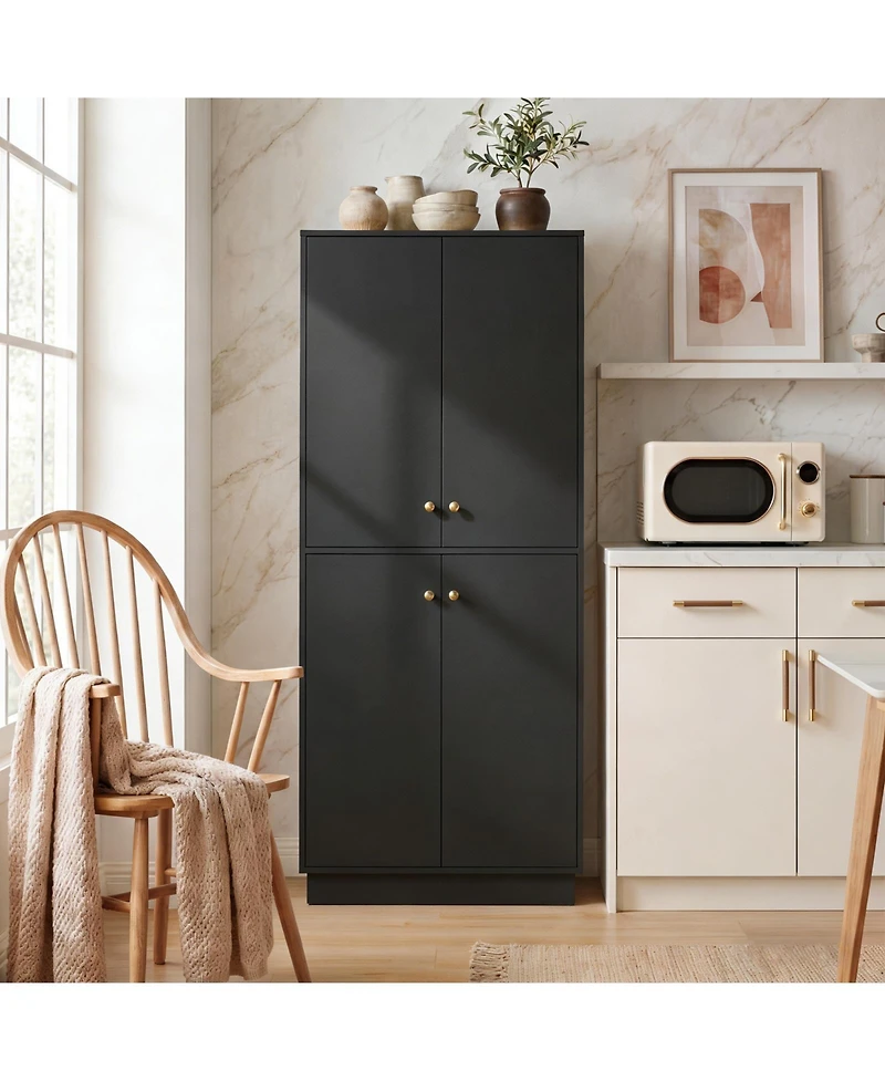 homfan 68" Black Kitchen Pantry Cabinet - 4 Adjustable Shelves and 4 Doors, Freestanding Storage for Kitchen or Living Room