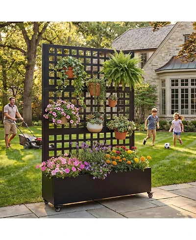 Streamdale Furniture Metal Raised Garden Bed with Wheels, Trellis, and Privacy Screen, 73"x47"x16