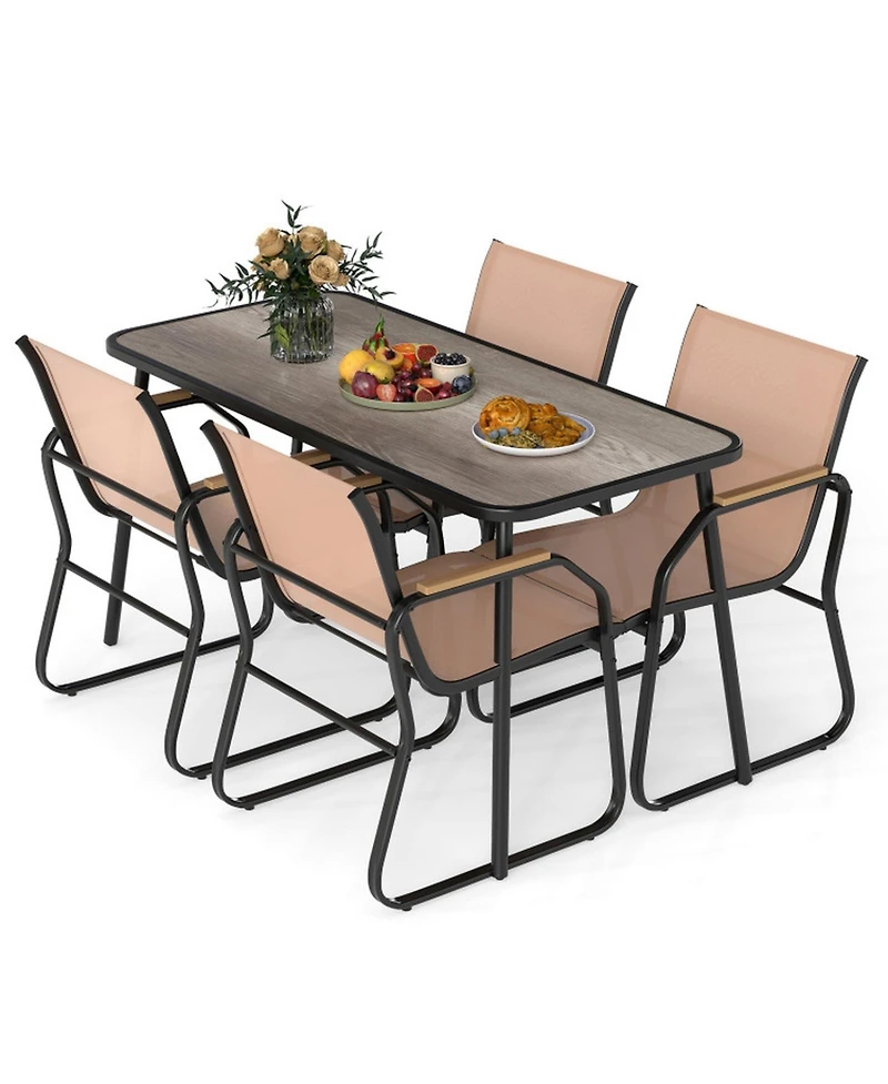 Gouun 5 Piece Patio Dining Set with 55 in Rectangular Wood-Look Table and 4 Fabric Sling Armchairs