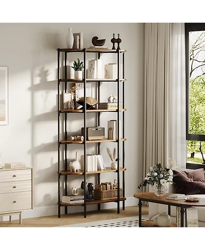 gaomon 6 Tier Tall Bookshelf, Industrial Bookshelves Oval Vintage Bookshelf Metal Frame Unique Display Shelf Storage