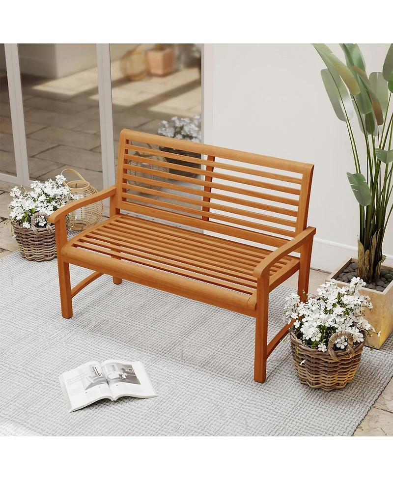 Sugift Teak Wood Outdoor Garden Bench with Slatted Backrest and Curved Armrests