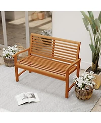 Sugift Teak Wood Outdoor Garden Bench with Slatted Backrest and Curved Armrests